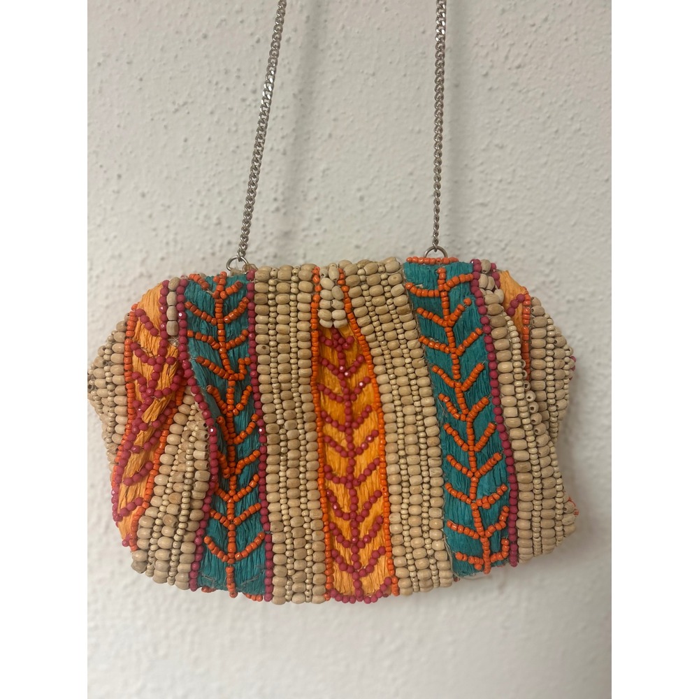 Handmade Beaded Evening Clutch Bag Multicolored Boho Chain Strap India